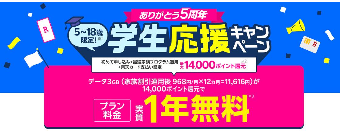 楽天モバイル学生応援キャンペーン内容
