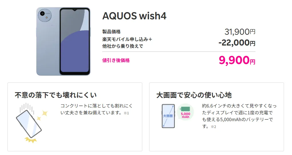 楽天モバイルでAQUOS wish4がMNP乗り換え特価9,900円のキャンペーン図解