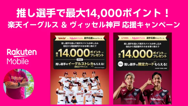 推し選手で最大14,000pt還元 楽天イーグルス＆ヴィッセル神戸応援キャンペーンバナーデザインアイキャッチ