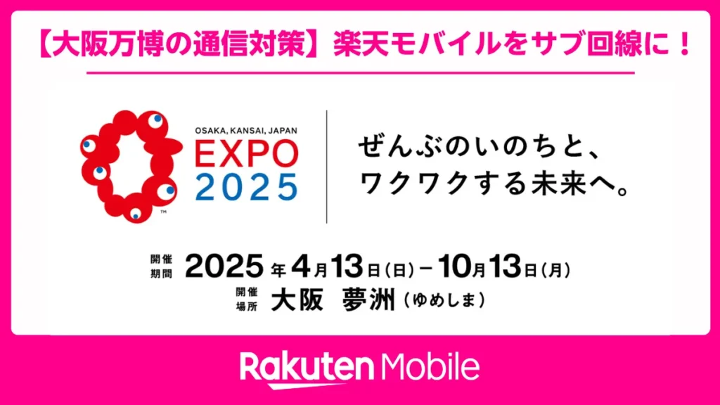 大阪万博2025公式ロゴと楽天モバイルロゴでサブ回線活用を訴求する通信対策バナー画像