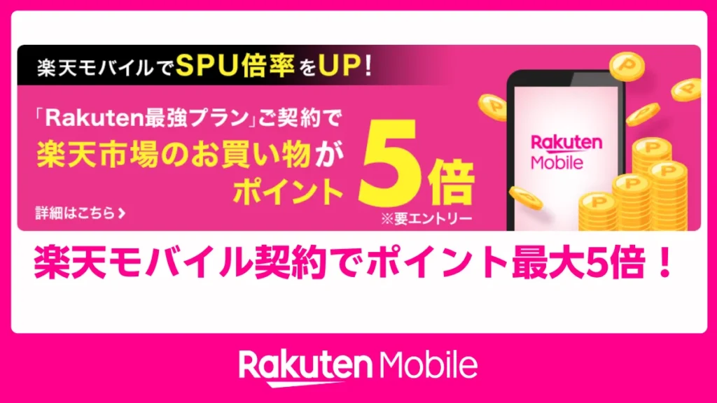 楽天モバイル契約で楽天市場の買い物ポイントが最大5倍にアップするSPUキャンペーン告知バナー画像です