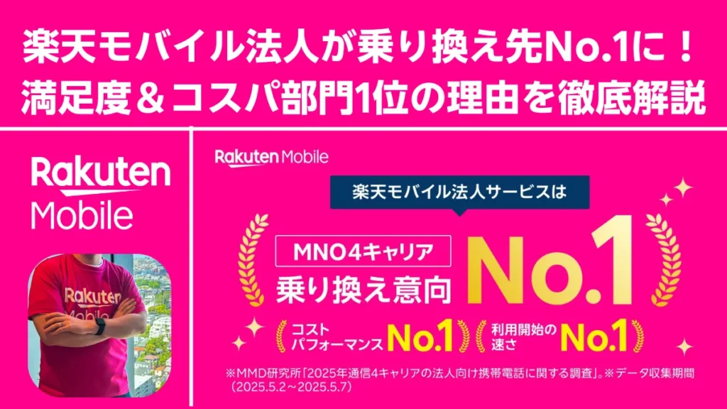 楽天モバイル法人が乗り換え意向No.1・コスパ1位を強調したアイキャッチ画像