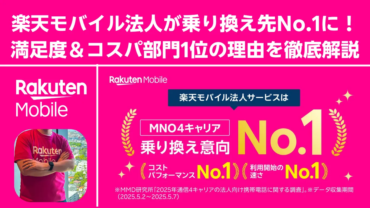 楽天モバイル法人が乗り換え意向No.1・コスパ1位を強調したアイキャッチ画像