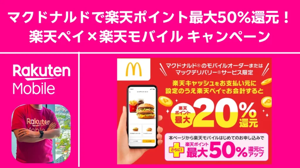 マクドナルドのモバイルオーダー／マックデリバリーで 楽天ペイ決済すると楽天ポイントが 最大50％戻る6月限定キャンペーン
