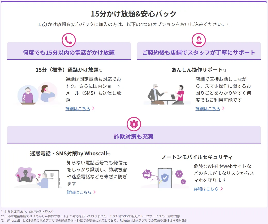 15分かけ放題&安心パックの4サービス一覧図解