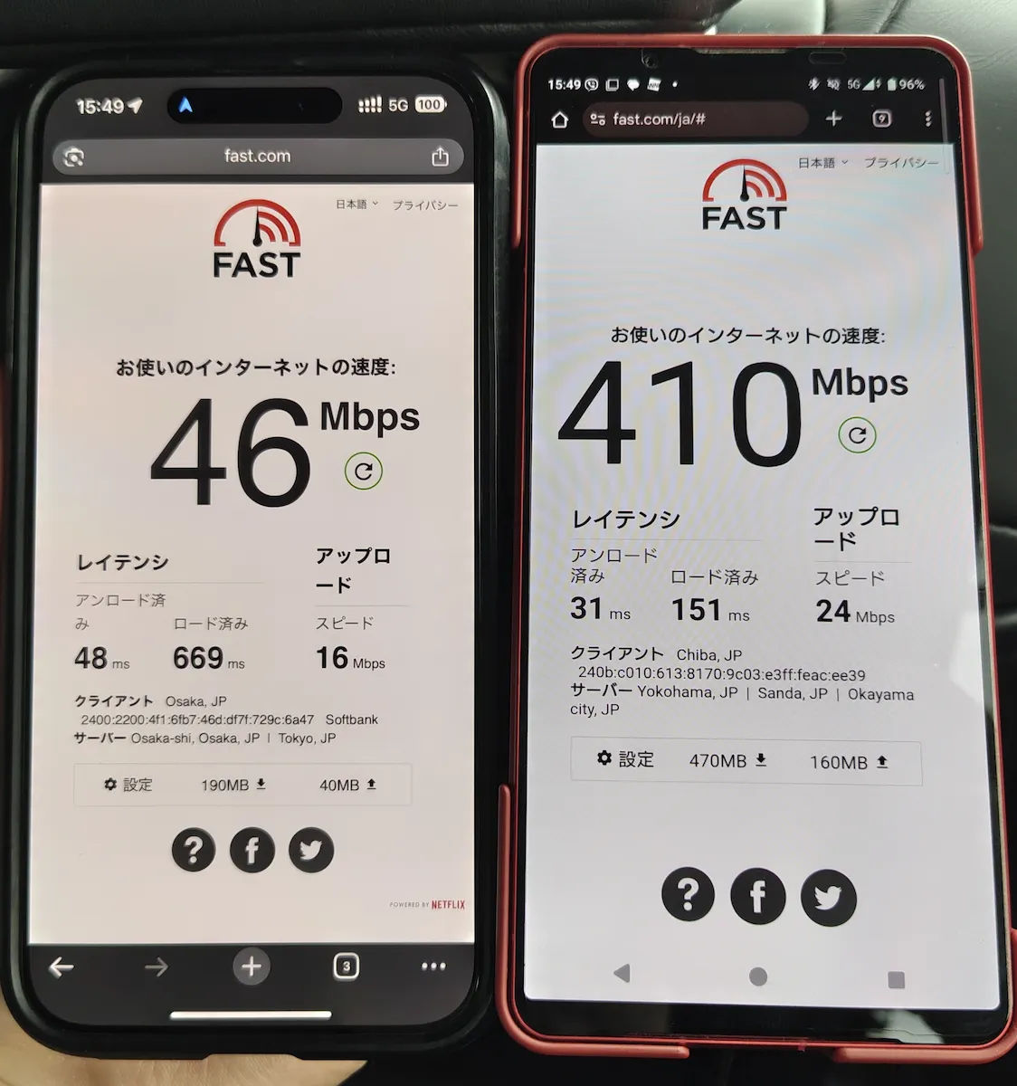 2台のスマホで5Gの通信速度を比較したスピードテストの結果。左のソフトバンクが46Mbpsに対し、右の楽天モバイルは410Mbpsと圧倒的な速度を記録している。
