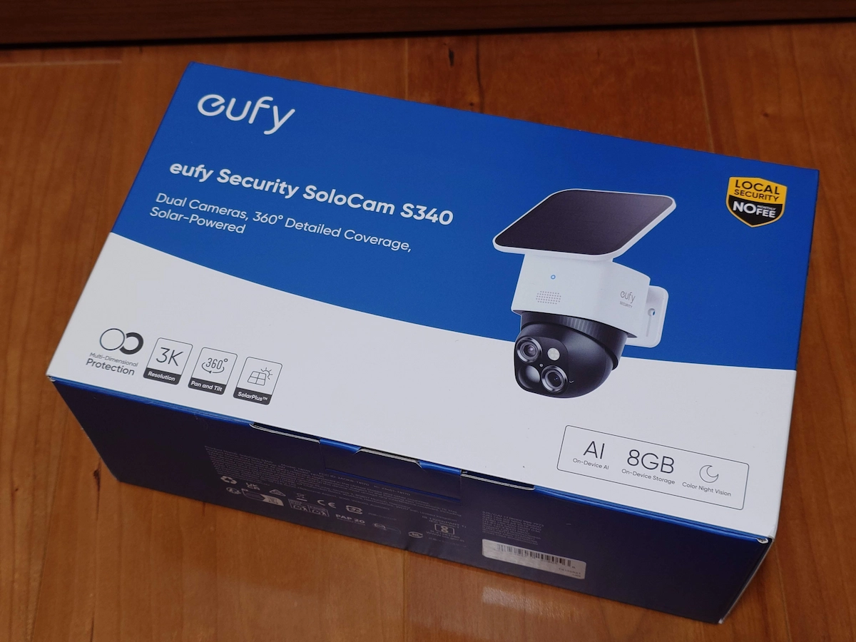 eufy SoloCam S340の製品箱。3K画質、カラー夜間撮影、パンチルト対応を示すパッケージ