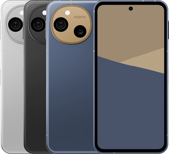 AQUOS sense10の外観。前面と背面、全3色を並べた製品画像
