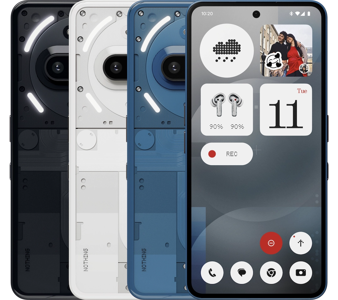 Nothing Phone (3a)の前面と背面デザイン。3色のカラーとGlyphライトが分かる画像