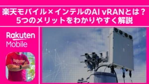 楽天モバイルとインテルによるAI vRANの5つのメリットを解説するアイキャッチ画像。楽天モバイルの基地局と「楽モバ部長」のアイコン、楽天モバイルのロゴが含まれています。
