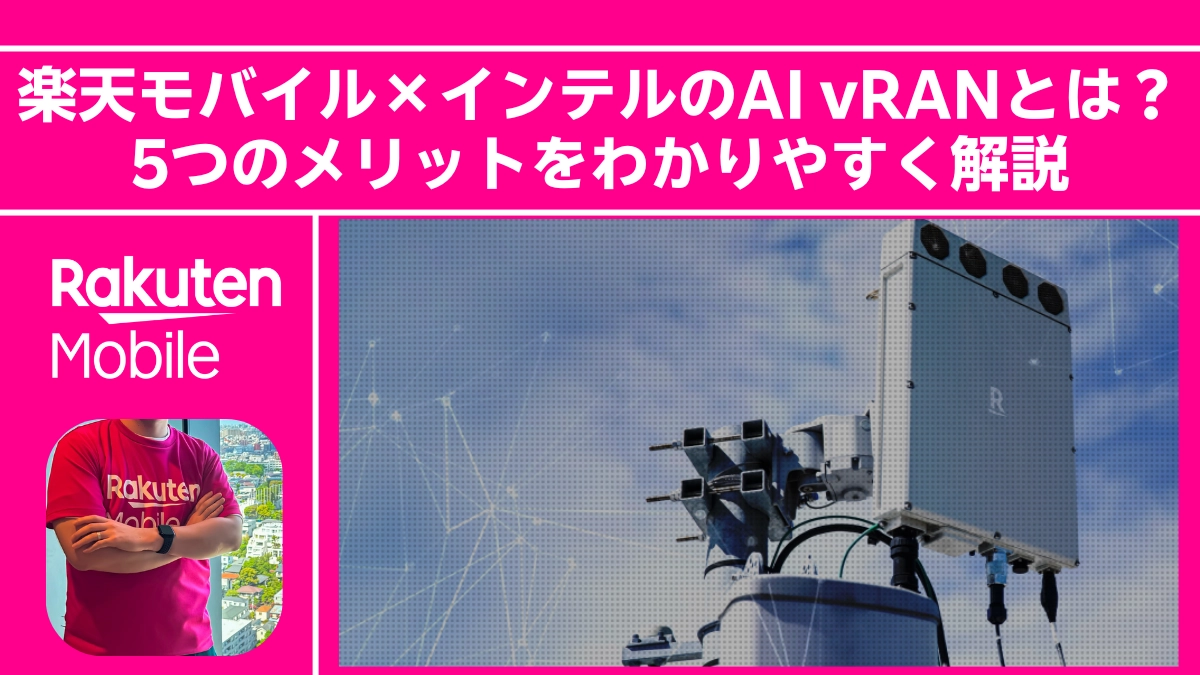 楽天モバイルとインテルによるAI vRANの5つのメリットを解説するアイキャッチ画像。楽天モバイルの基地局と「楽モバ部長」のアイコン、楽天モバイルのロゴが含まれています。