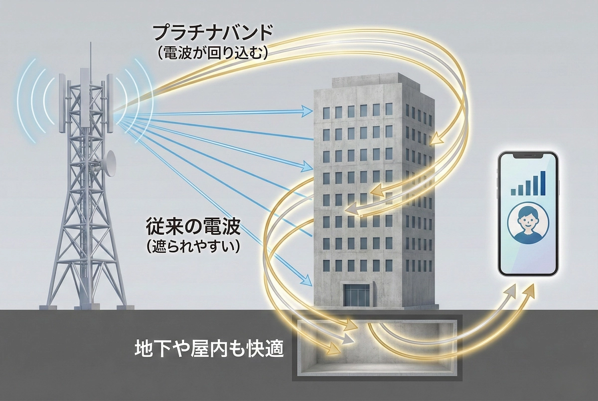 楽天モバイルのプラチナバンド解説図。電波が回り込み屋内・地下でもつながりやすい仕組み